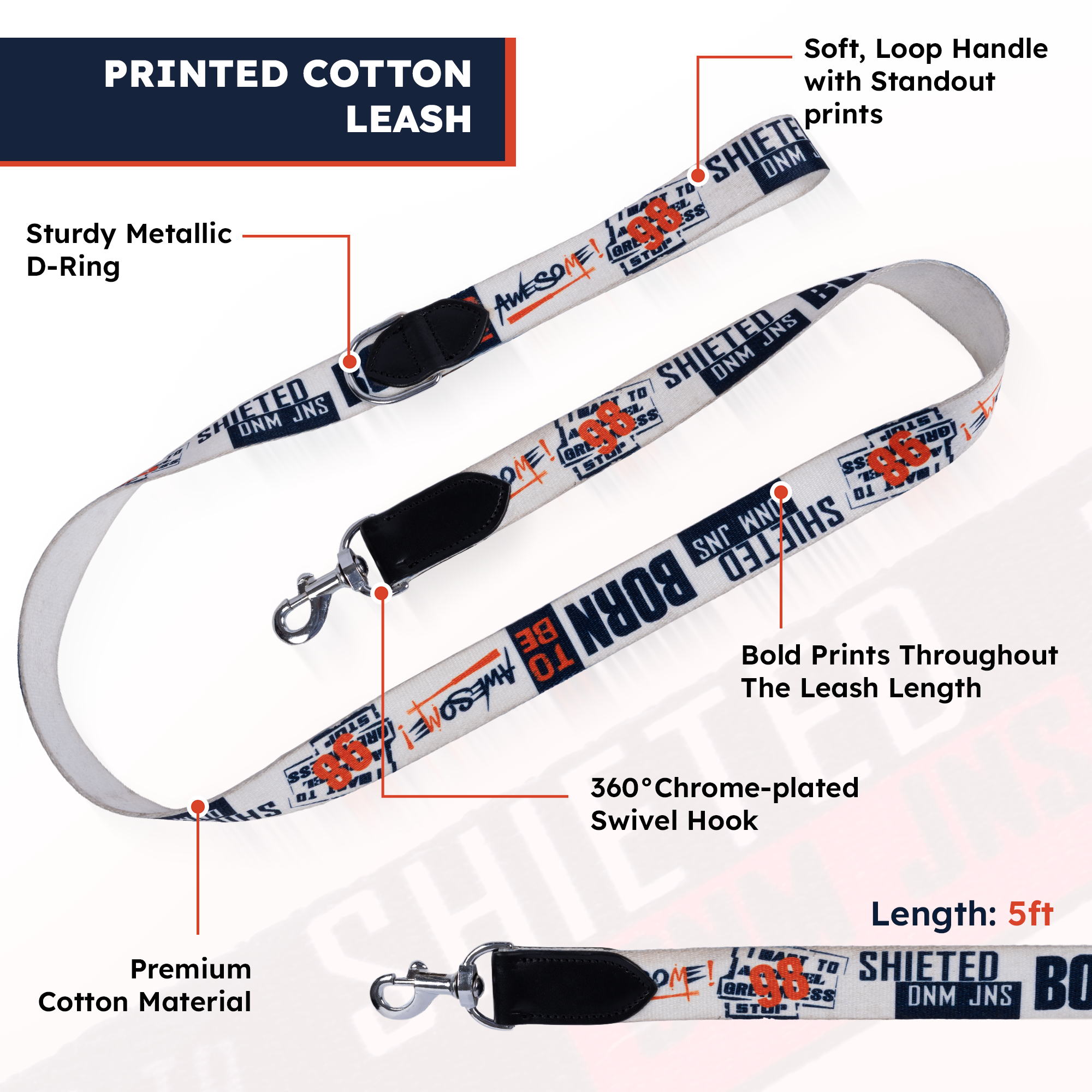 Adil’s Cotton Printed Dog Collar & Leash Combo Set – 1.5" Wide Adjustable Graffiti Collar Metal Buckle D-Ring, 5ft Cotton Leash 360° Swivel Hook Loop Handle for Small Medium Large Pets