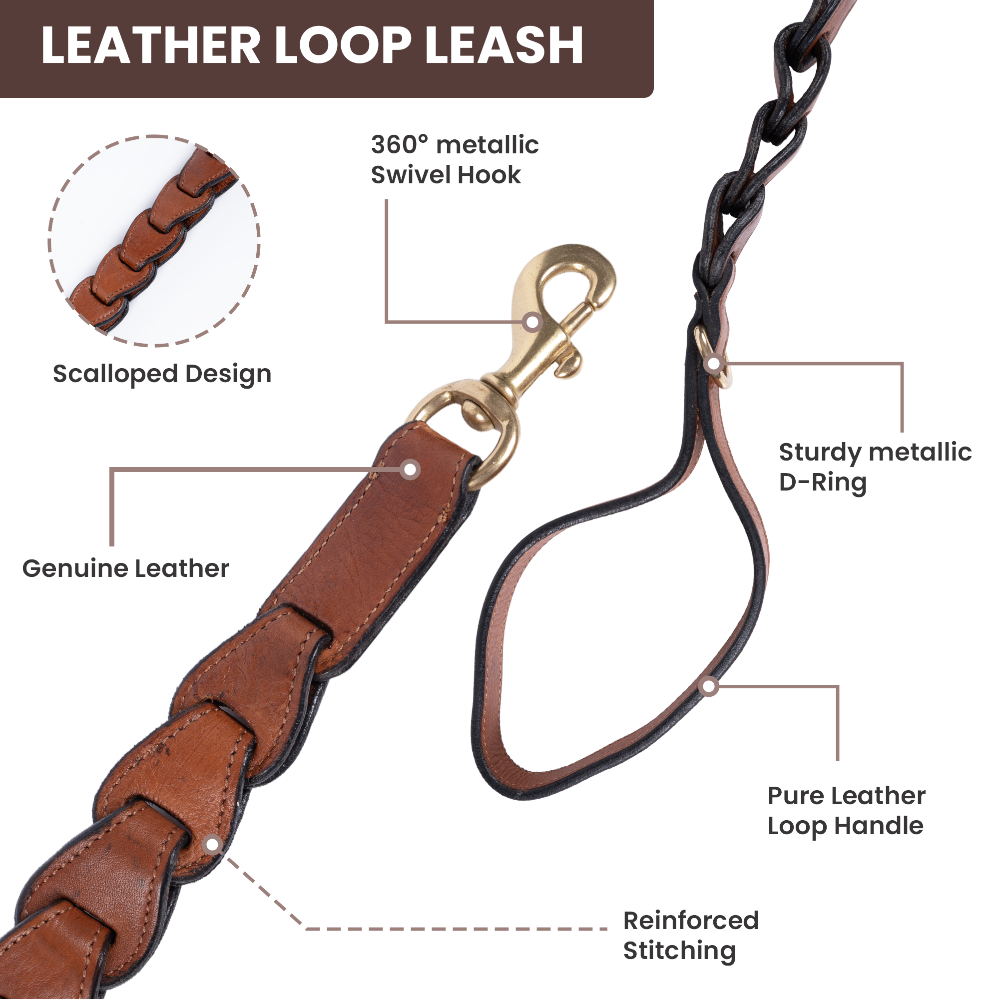 Adil's Genuine Leather Customise Dog Collar Leash Combo Set | Scallop Loop Design | Metal Buckle D-Ring | 360° Swivel Hook | 1 Inch Collar 5Ft Leash Pets | Walking Training