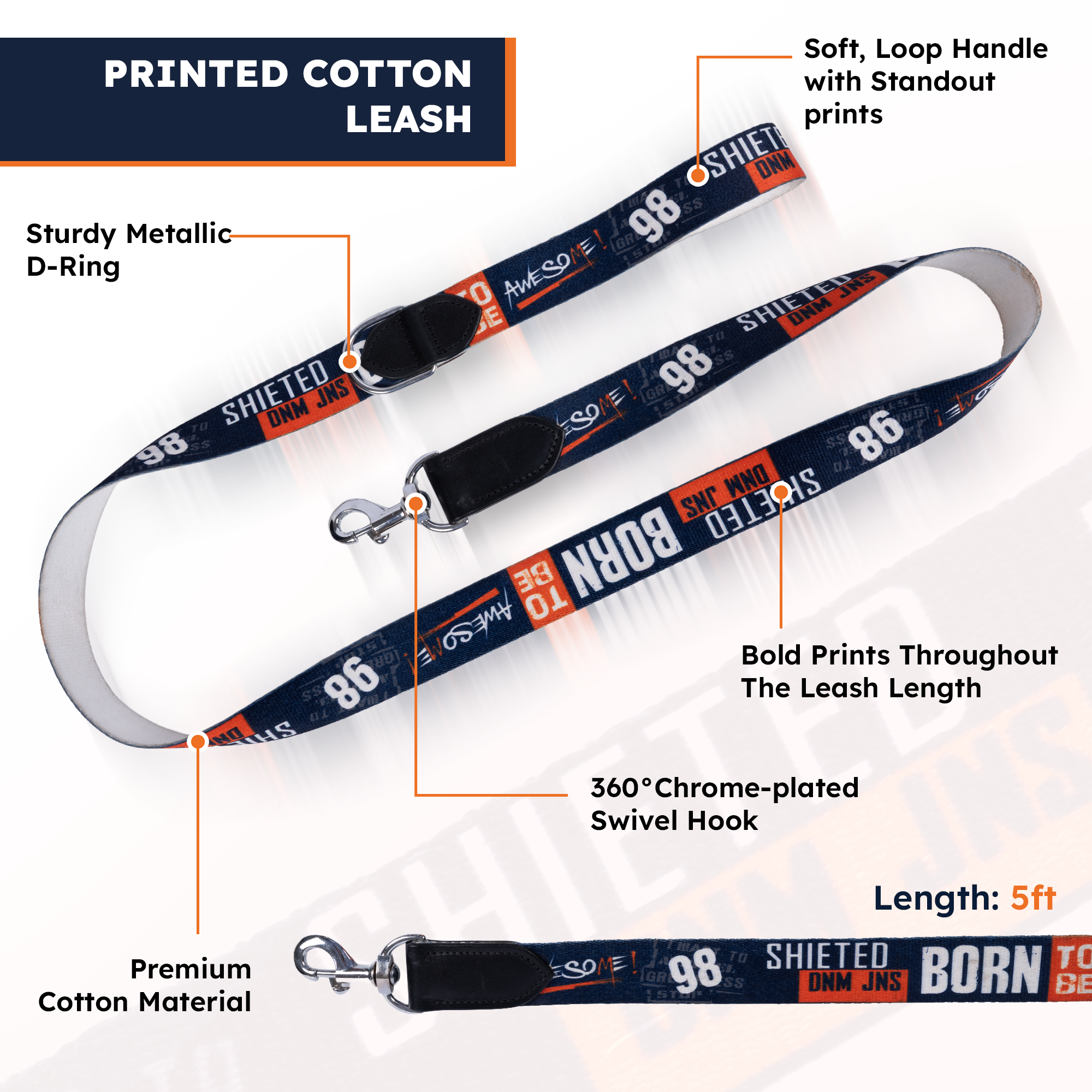 Adil’s Cotton Printed Dog Collar & Leash Combo Set – 1.5" Wide Adjustable Graffiti Collar Metal Buckle D-Ring, 5ft Cotton Leash 360° Swivel Hook Loop Handle for Small Medium Large Pets