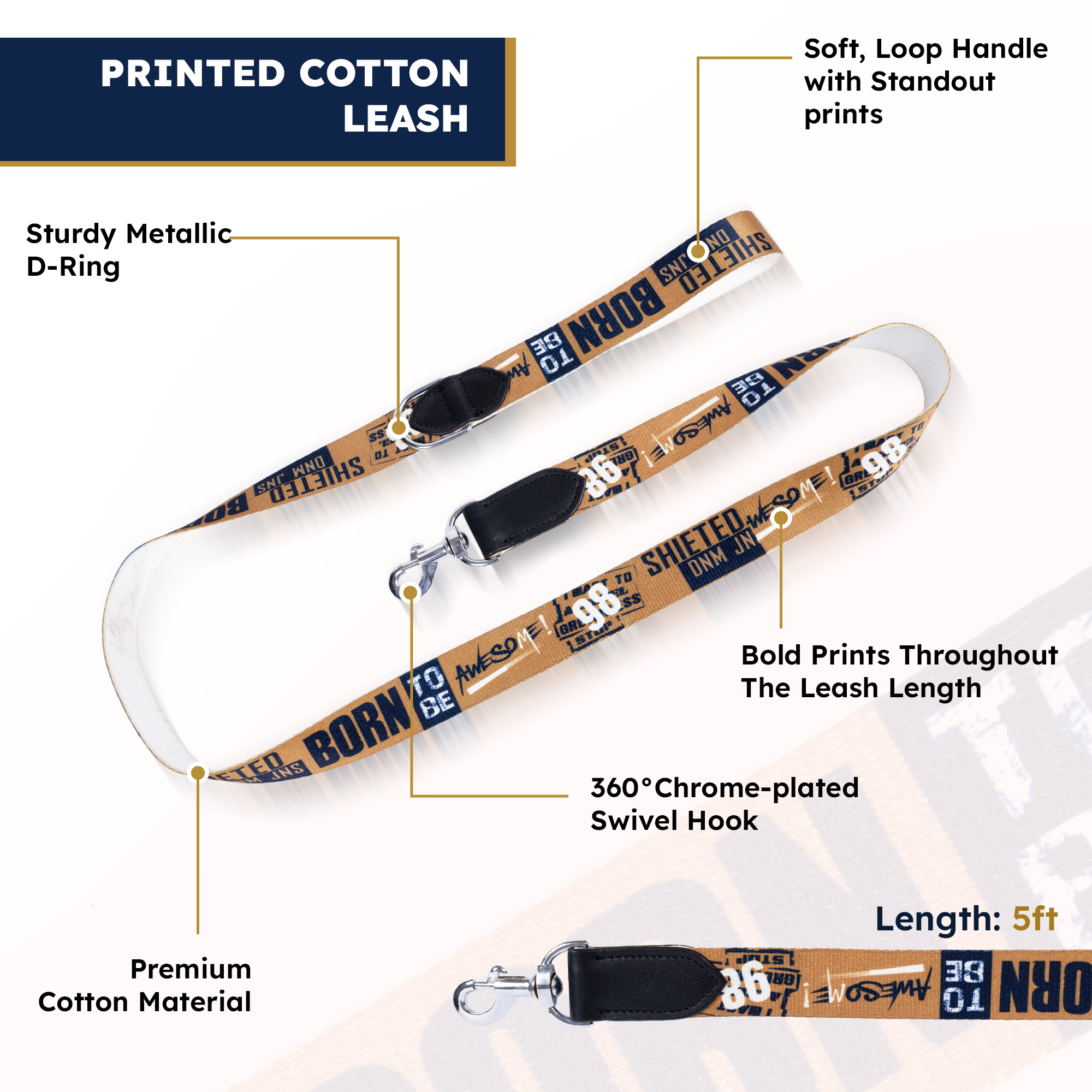Adil’s Cotton Printed Dog Collar & Leash Combo Set – 1.5" Wide Adjustable Graffiti Collar Metal Buckle D-Ring, 5ft Cotton Leash 360° Swivel Hook Loop Handle for Small Medium Large Pets