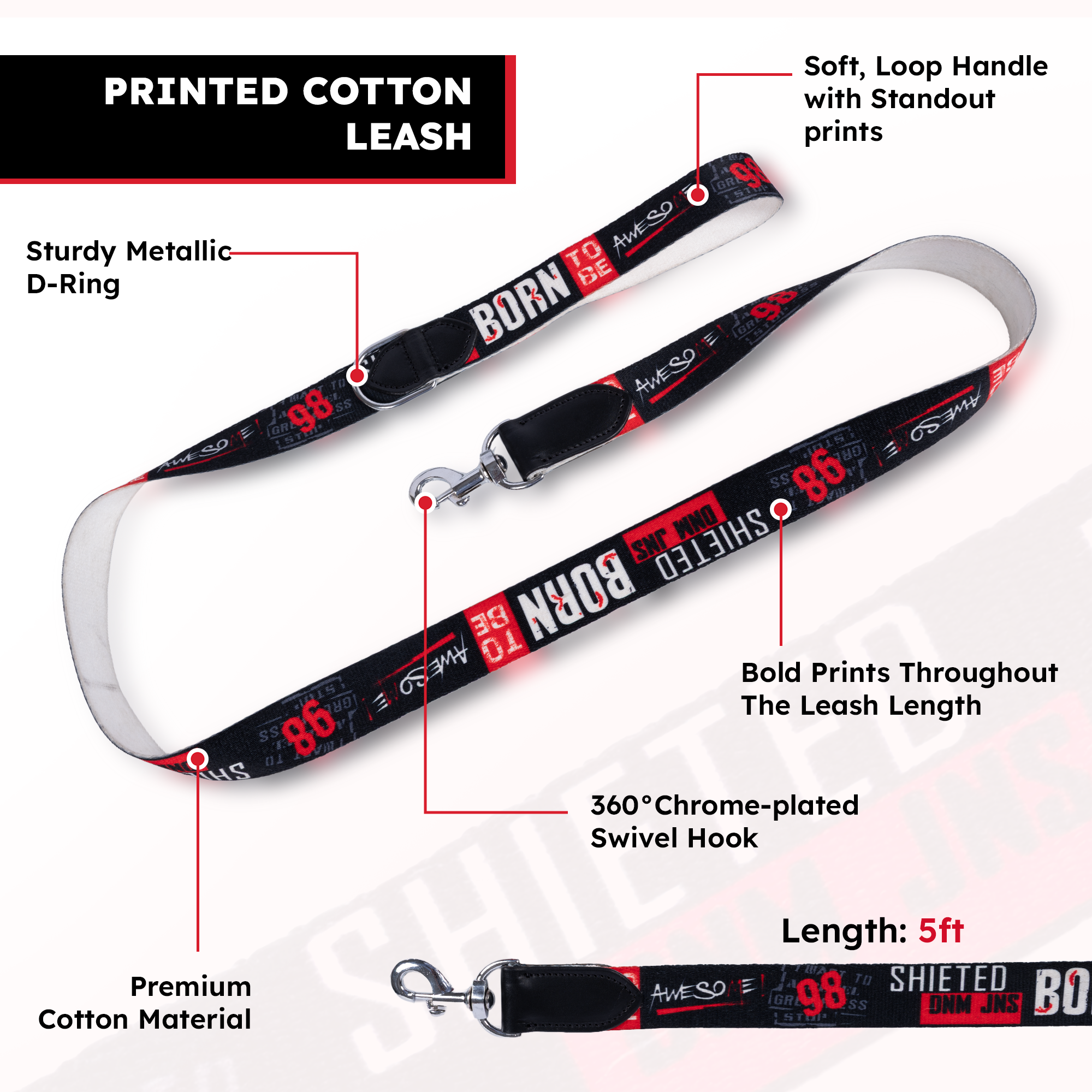 Adil’s Cotton Printed Dog Collar & Leash Combo Set – 1.5" Wide Adjustable Graffiti Collar Metal Buckle D-Ring, 5ft Cotton Leash 360° Swivel Hook Loop Handle for Small Medium Large Pets