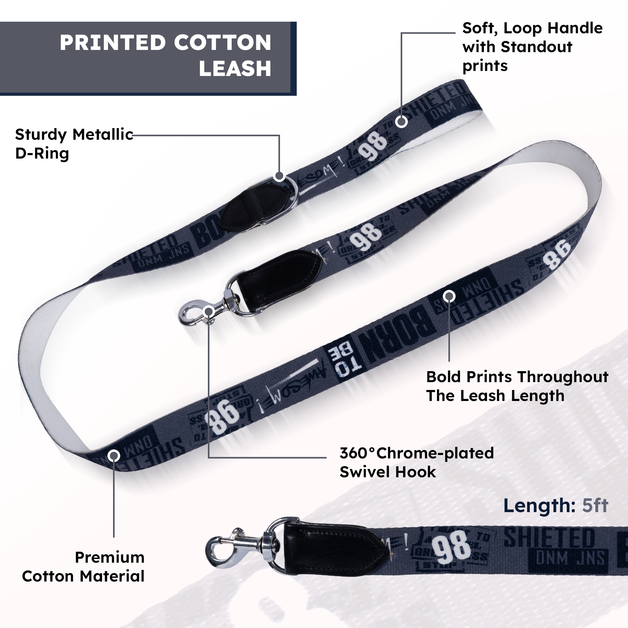 Adil’s Cotton Printed Dog Collar & Leash Combo Set – 1.5" Wide Adjustable Graffiti Collar Metal Buckle D-Ring, 5ft Cotton Leash 360° Swivel Hook Loop Handle for Small Medium Large Pets