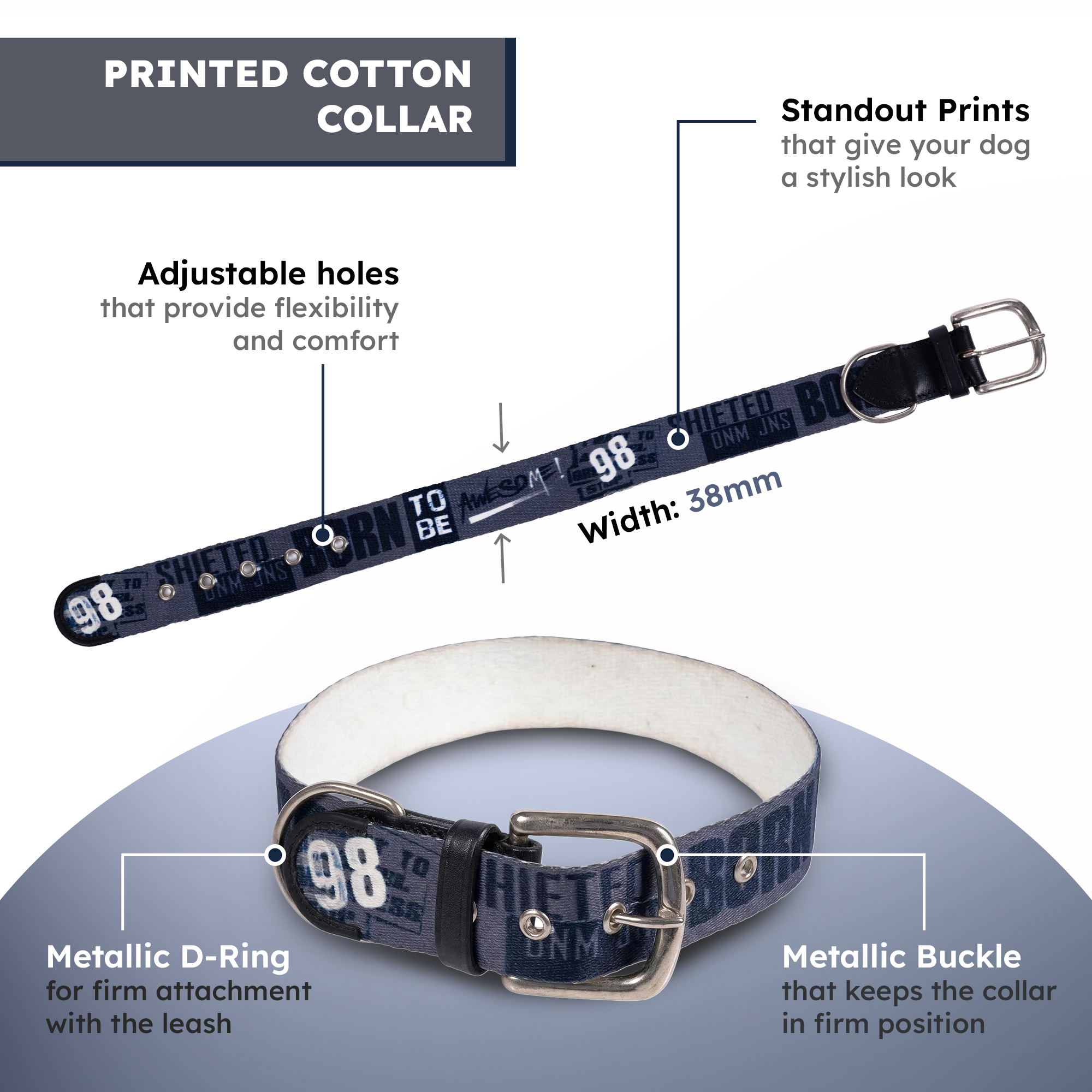 Adil’s Cotton Printed Dog Collar & Leash Combo Set – 1.5" Wide Adjustable Graffiti Collar Metal Buckle D-Ring, 5ft Cotton Leash 360° Swivel Hook Loop Handle for Small Medium Large Pets