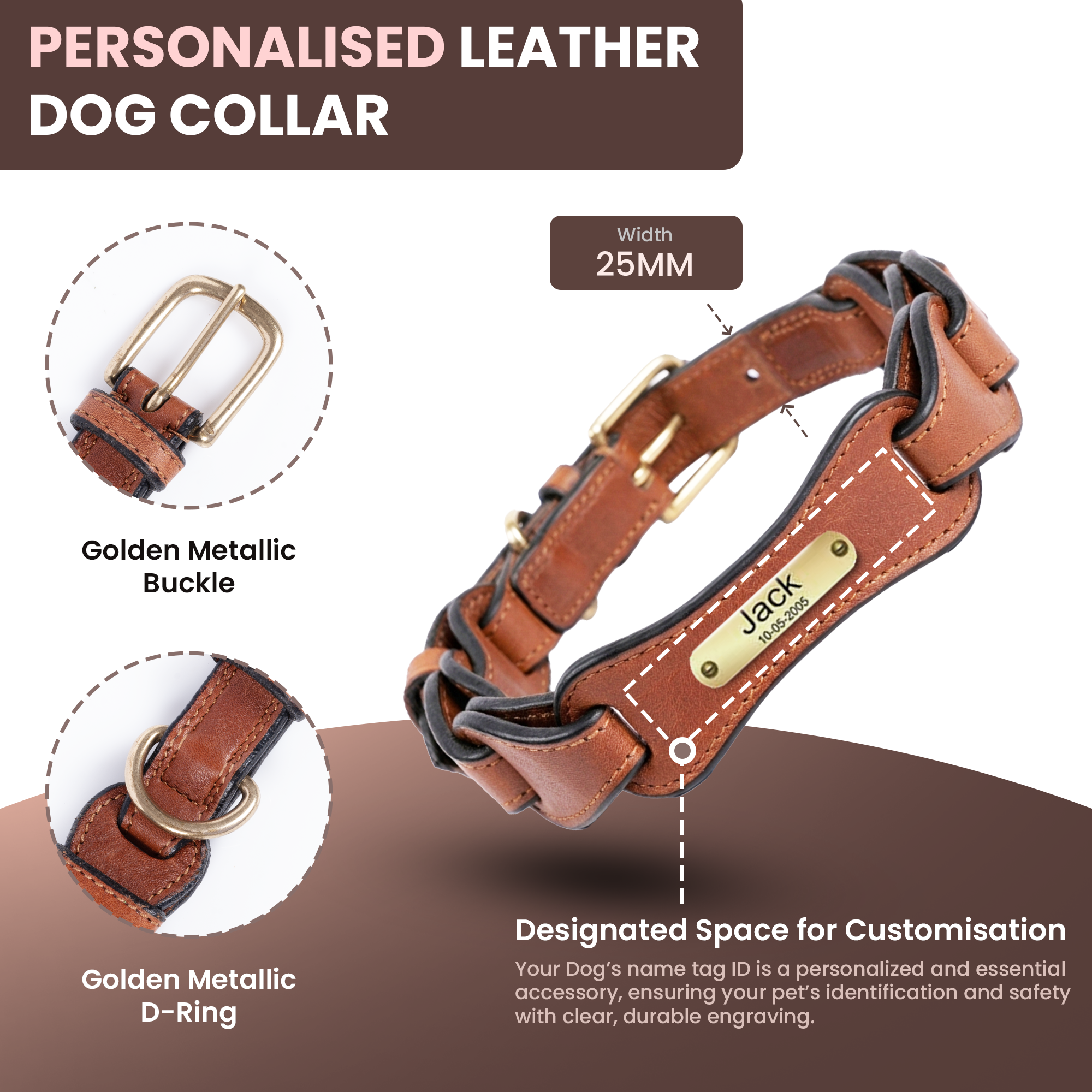 Adil's Genuine Leather Customise Dog Collar Leash Combo Set | Scallop Loop Design | Metal Buckle D-Ring | 360° Swivel Hook | 1 Inch Collar 5Ft Leash Pets | Walking Training
