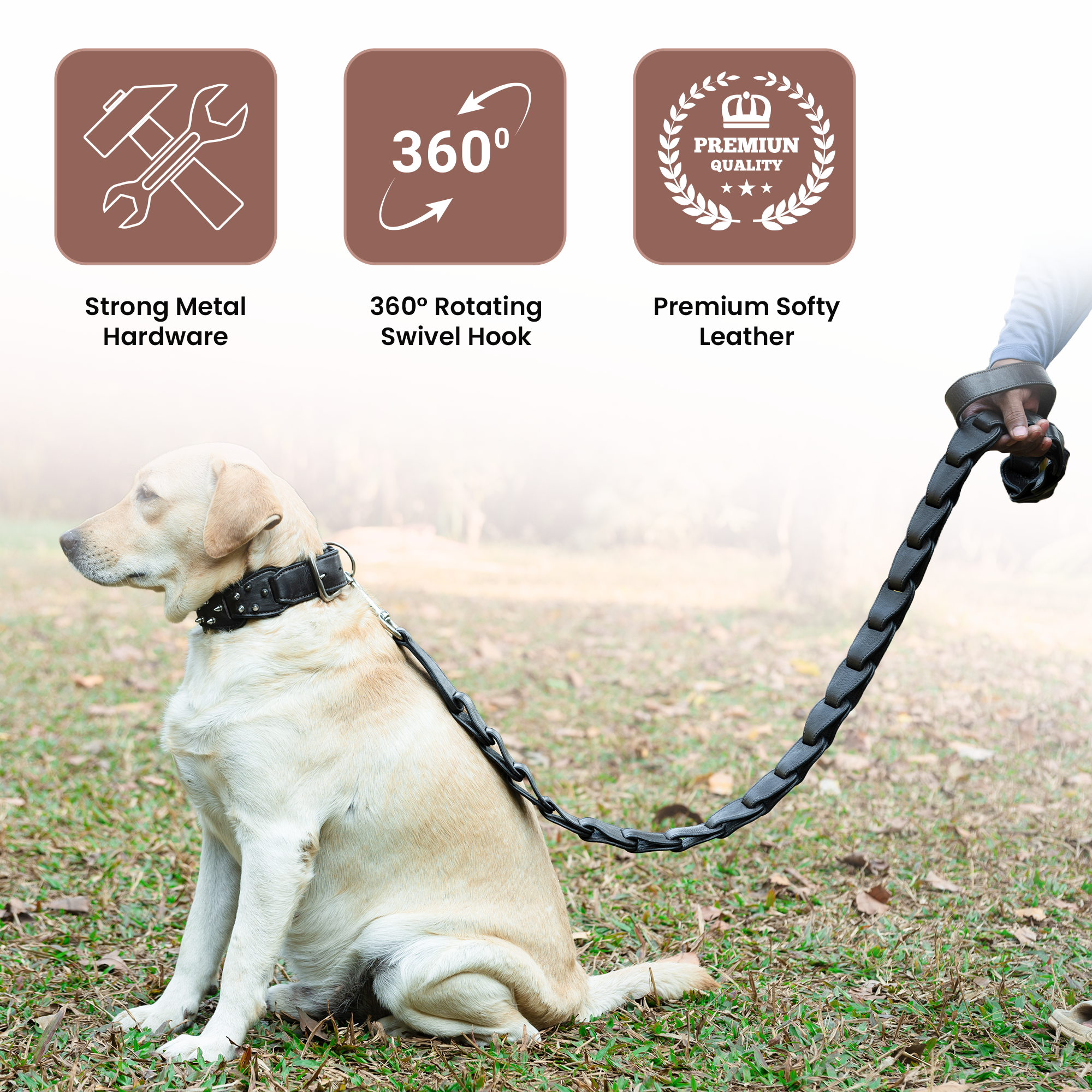 Adil’s Personalized Leather Loop Spike Dog Collar & Leash Combo Set 1.5" Wide Adjustable Neckbelt Metal Buckle D-Ring 5Ft Leather Heavy Duty Loop Cord with 360 Swivel Hook for Training Walking