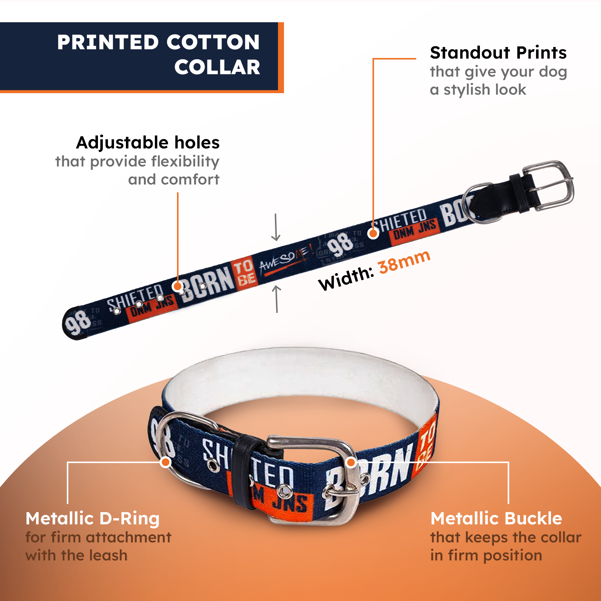 Adil’s Cotton Printed Dog Collar & Leash Combo Set – 1.5" Wide Adjustable Graffiti Collar Metal Buckle D-Ring, 5ft Cotton Leash 360° Swivel Hook Loop Handle for Small Medium Large Pets