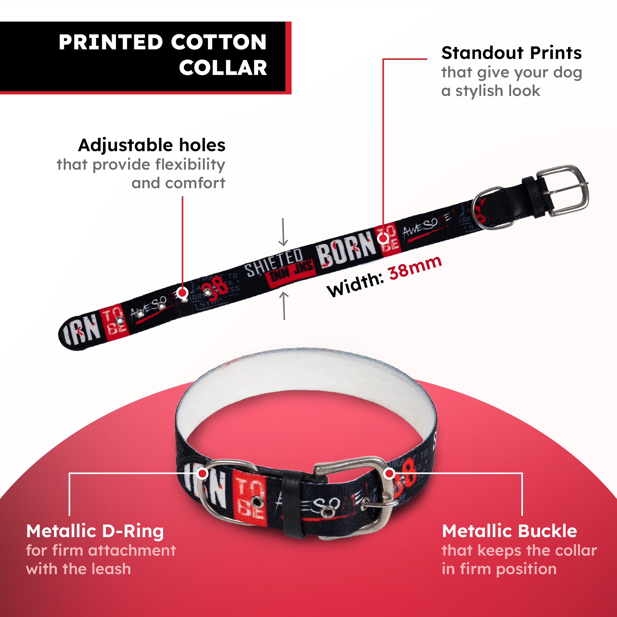 Adil’s Cotton Printed Dog Collar & Leash Combo Set – 1.5" Wide Adjustable Graffiti Collar Metal Buckle D-Ring, 5ft Cotton Leash 360° Swivel Hook Loop Handle for Small Medium Large Pets