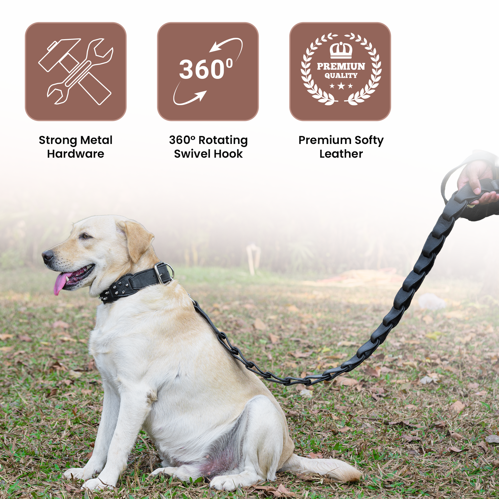 Adil’s Personalized Leather Loop Spike Dog Collar & Leash Combo Set 1.5" Wide Adjustable Neckbelt Metal Buckle D-Ring 5Ft Leather Heavy Duty Loop Cord with 360 Swivel Hook for Training Walking