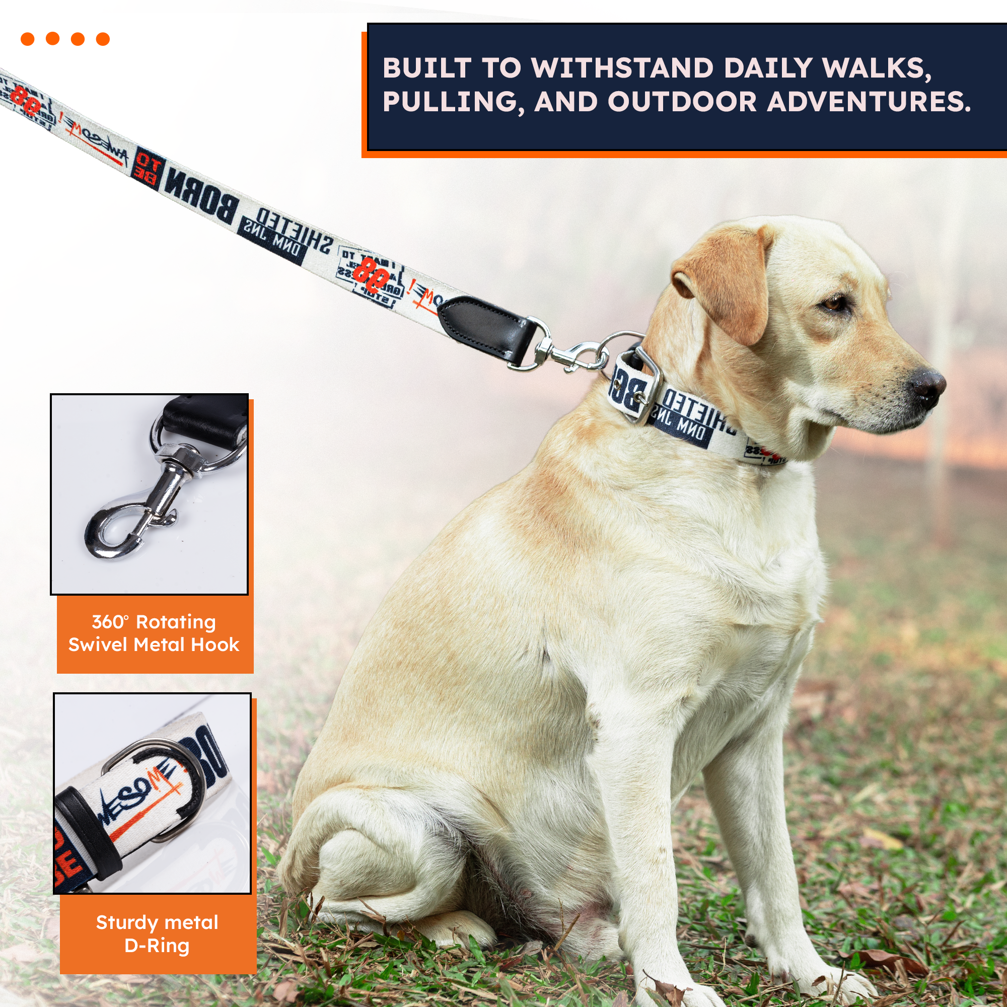 Adil’s Cotton Printed Dog Collar & Leash Combo Set – 1.5" Wide Adjustable Graffiti Collar Metal Buckle D-Ring, 5ft Cotton Leash 360° Swivel Hook Loop Handle for Small Medium Large Pets