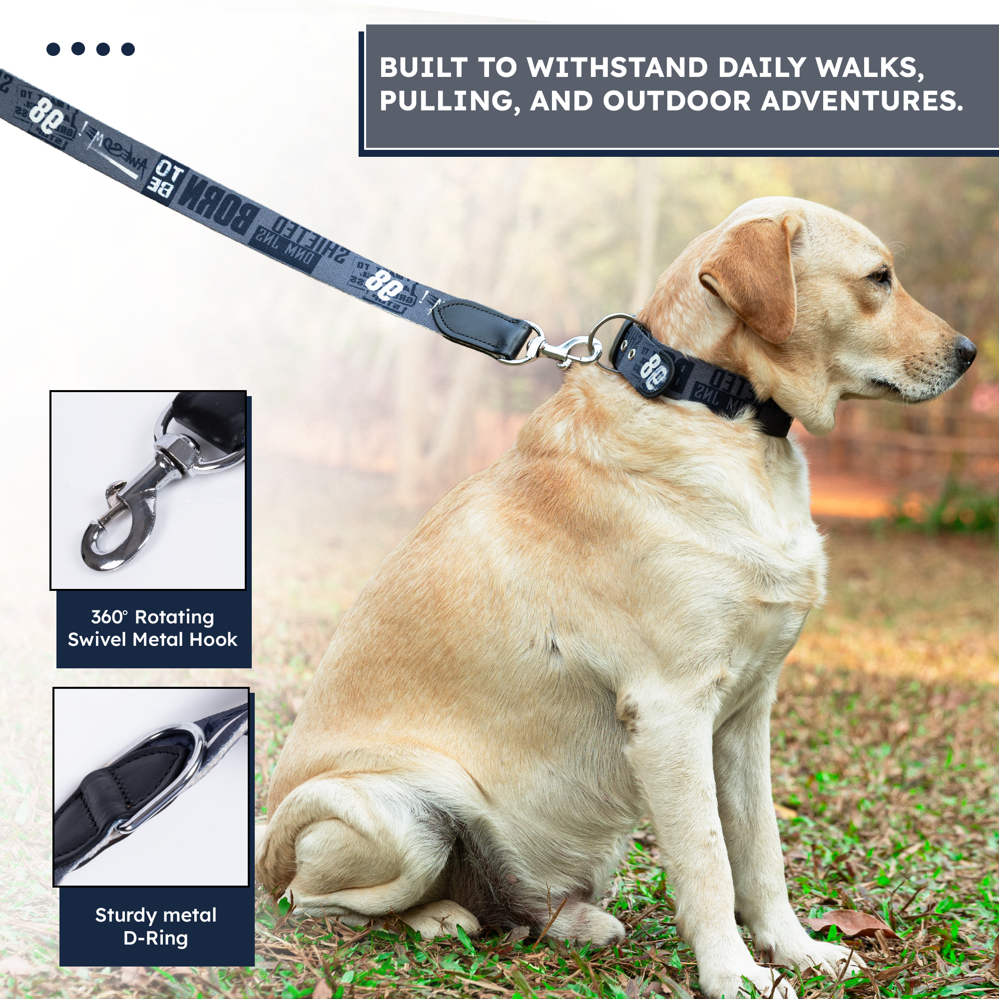 Adil’s Cotton Printed Dog Collar & Leash Combo Set – 1.5" Wide Adjustable Graffiti Collar Metal Buckle D-Ring, 5ft Cotton Leash 360° Swivel Hook Loop Handle for Small Medium Large Pets