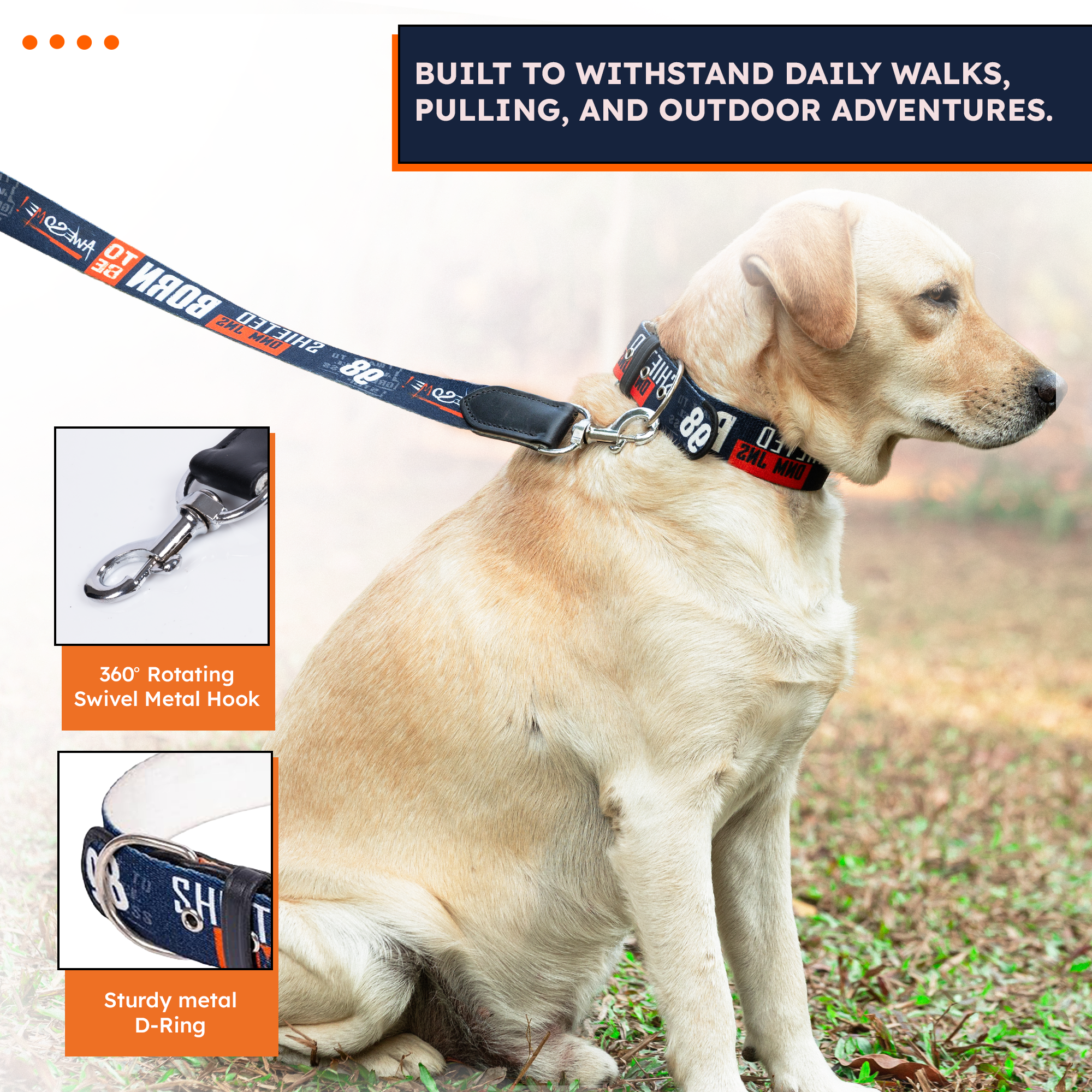 Adil’s Cotton Printed Dog Collar & Leash Combo Set – 1.5" Wide Adjustable Graffiti Collar Metal Buckle D-Ring, 5ft Cotton Leash 360° Swivel Hook Loop Handle for Small Medium Large Pets