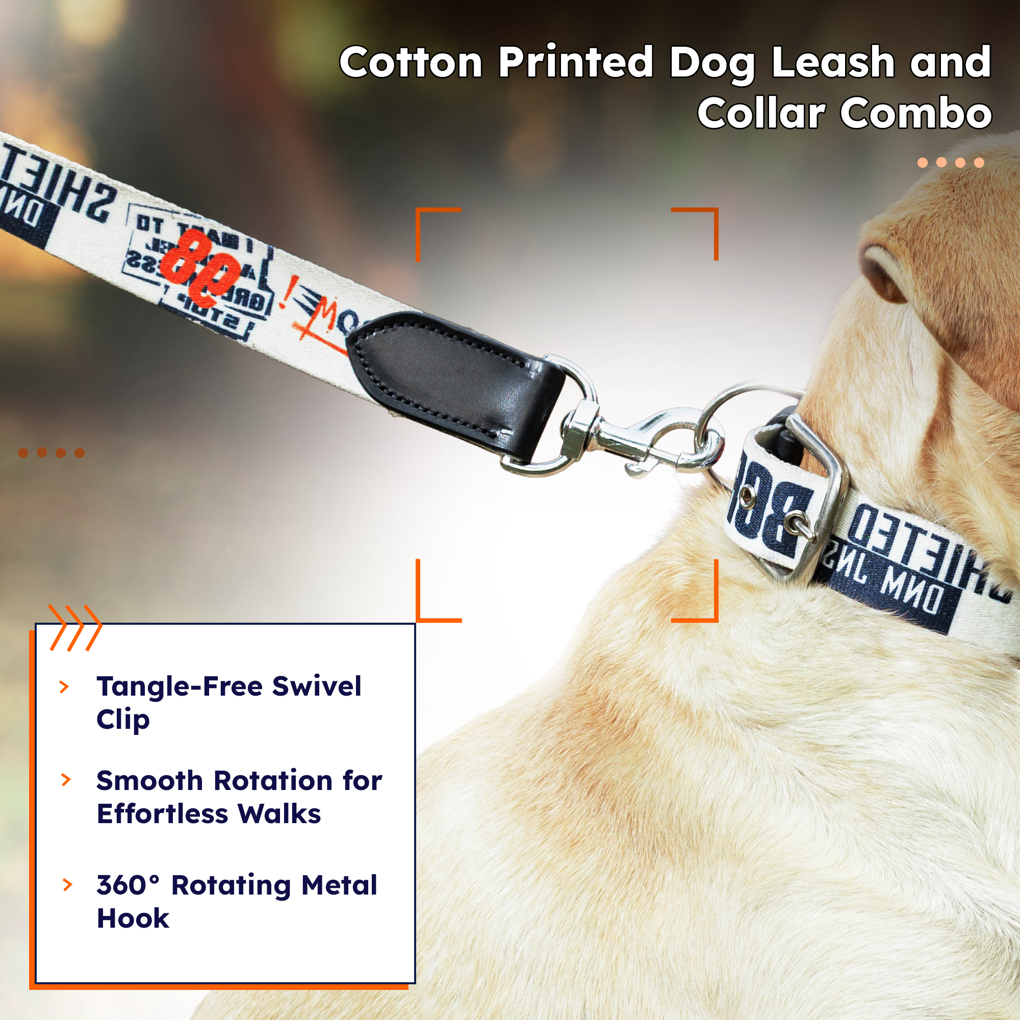 Adil’s Cotton Printed Dog Collar & Leash Combo Set – 1.5" Wide Adjustable Graffiti Collar Metal Buckle D-Ring, 5ft Cotton Leash 360° Swivel Hook Loop Handle for Small Medium Large Pets