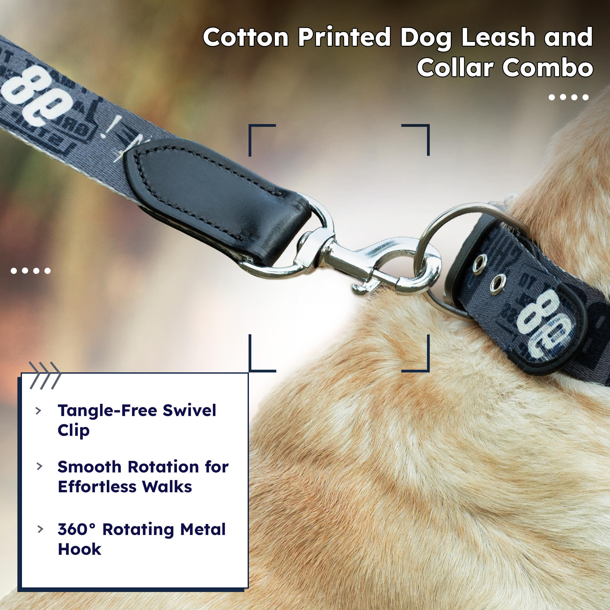 Adil’s Cotton Printed Dog Collar & Leash Combo Set – 1.5" Wide Adjustable Graffiti Collar Metal Buckle D-Ring, 5ft Cotton Leash 360° Swivel Hook Loop Handle for Small Medium Large Pets