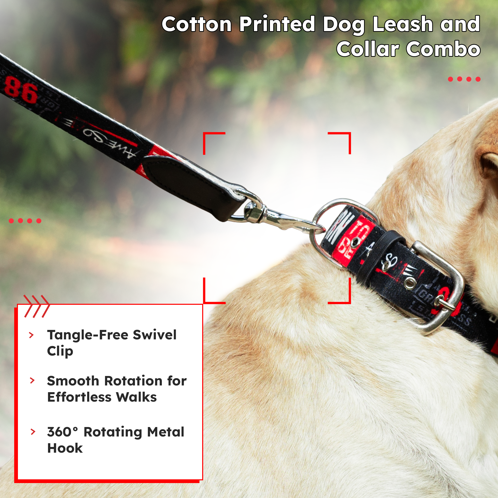 Adil’s Cotton Printed Dog Collar & Leash Combo Set – 1.5" Wide Adjustable Graffiti Collar Metal Buckle D-Ring, 5ft Cotton Leash 360° Swivel Hook Loop Handle for Small Medium Large Pets