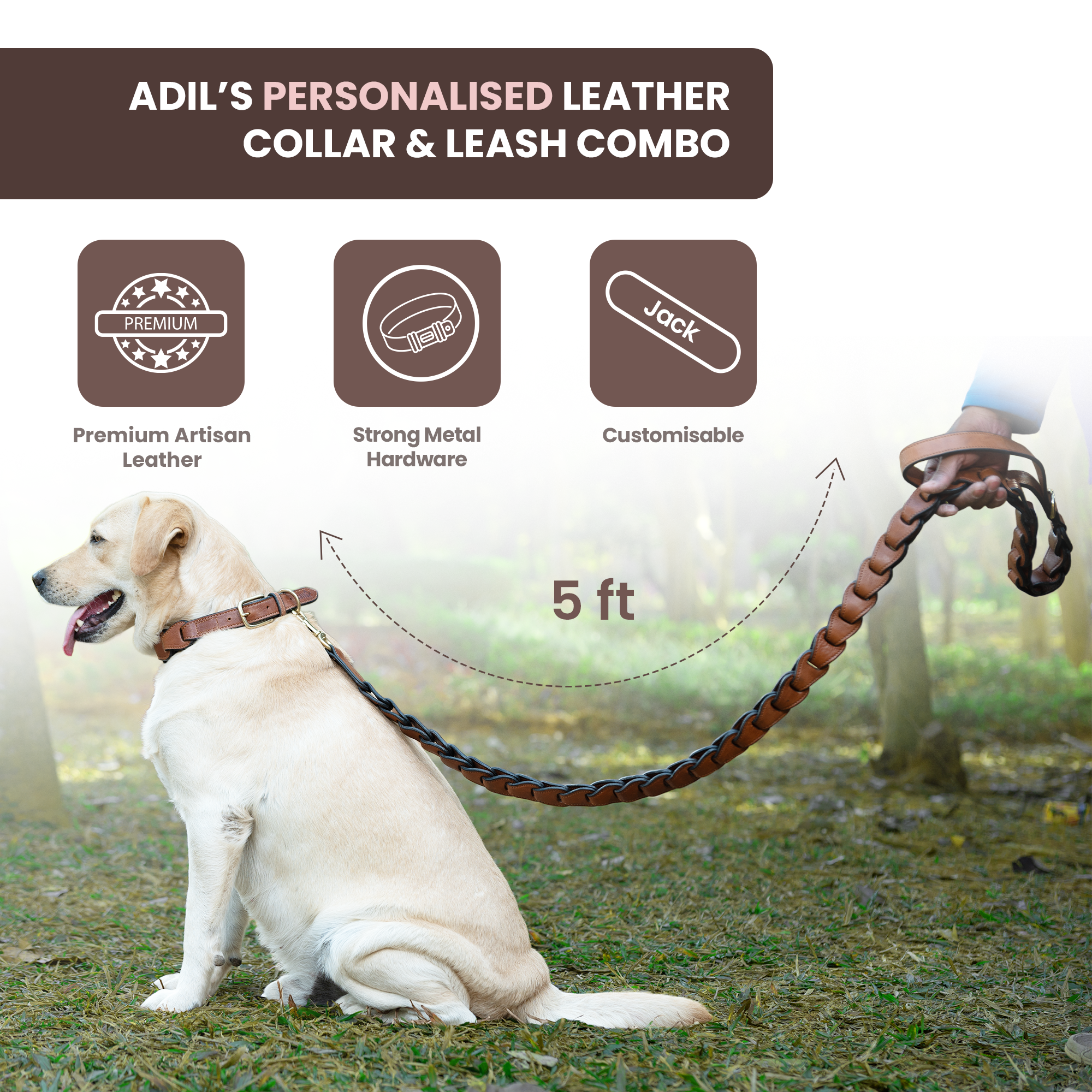 Adil's Genuine Leather Customise Dog Collar Leash Combo Set | Scallop Loop Design | Metal Buckle D-Ring | 360° Swivel Hook | 1 Inch Collar 5Ft Leash Pets | Walking Training
